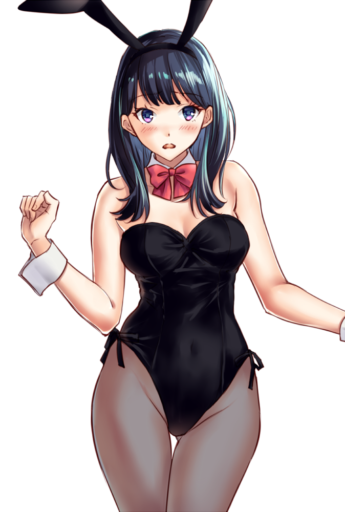1girl, animal_ears, black_hair, black_leotard, blue_eyes, bow, bowtie, breasts