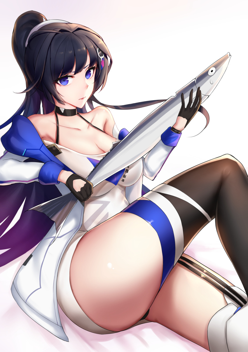 1girl, bare_shoulders, benghuai_xueyuan, black_gloves, black_panties, bra_strap, breasts, choker