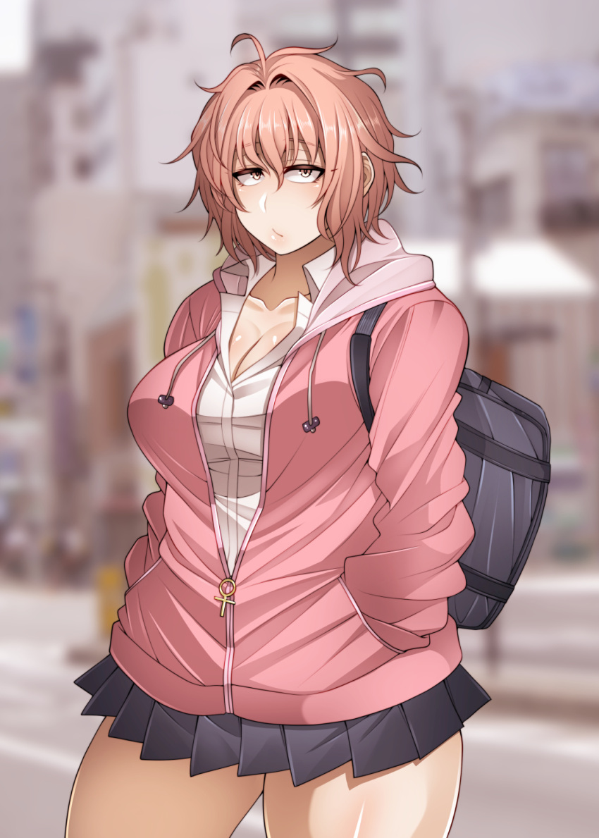 1girl, blue_skirt, breasts, busujima_kanna, cleavage, highres, hood, hoodie, korotsuke, large_breasts, looking_at_viewer, messy_hair, original, pink_hair, pleated_skirt, school_uniform, shirt, short_hair, skirt, solo, yellow_eyes