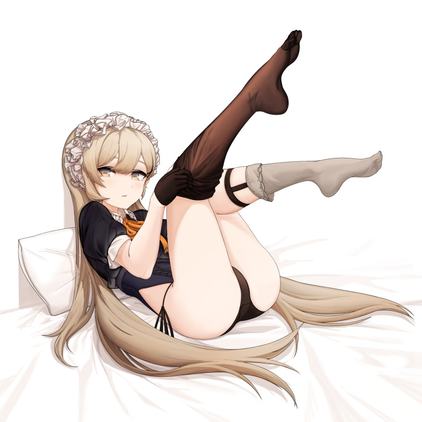 1girl, absurdres, black_gloves, black_legwear, black_panties, full_body, girls_frontline, gloves, hachirodesu, hair_ornament, hairclip, highres, light_brown_eyes, light_brown_hair, long_hair, looking_at_viewer, maid_headdress, mismatched_legwear, no_shoes, orange_ribbon, panties, parted_lips, pillow, ppk_(girls_frontline), puffy_short_sleeves, puffy_sleeves, ribbon, short_sleeves, side-tie_panties, single_thighhigh, sock_garters, socks, solo, thigh-highs, underwear, very_long_hair
