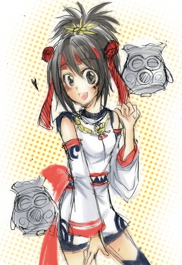 :d, black_hair, blush, detached_sleeves, dress, facial_mark, flat_chest, hair_ornament