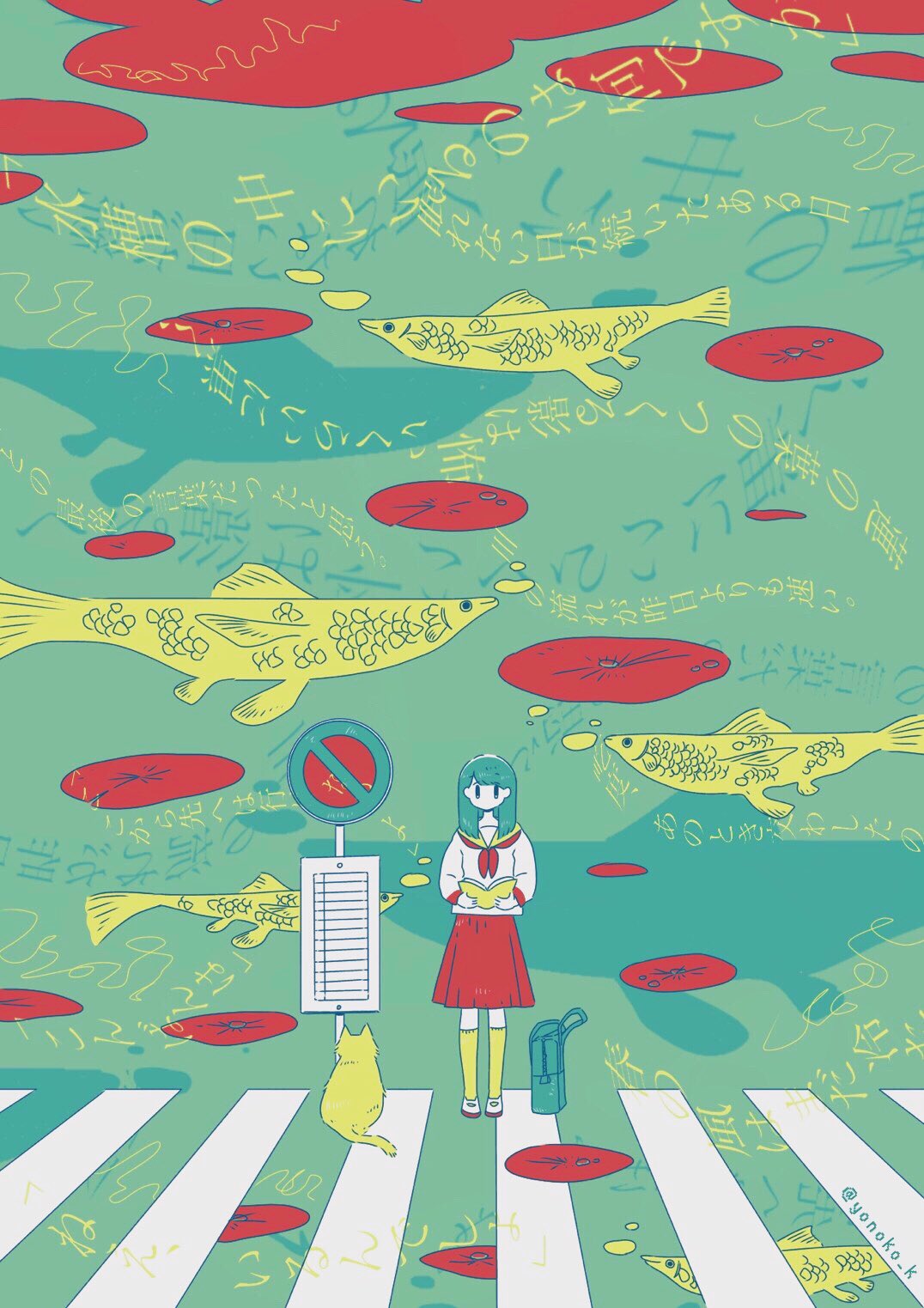 1girl, aqua_hair, bag, bangs, book, bubble, cat, fish
