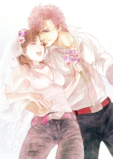 1boy, 1girl, bat_(hokuto_no_ken), belt, breasts, bridal_veil, choker, cleavage