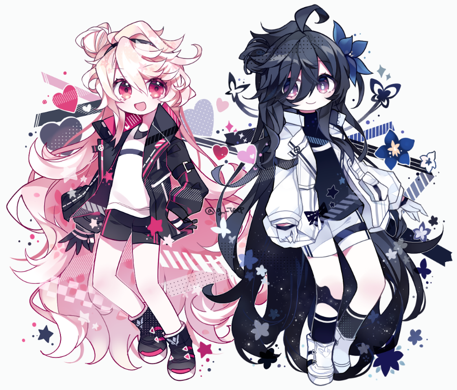 2girls, :d, absurdly_long_hair, ahoge, alternate_costume, bangs, black_footwear, black_gloves