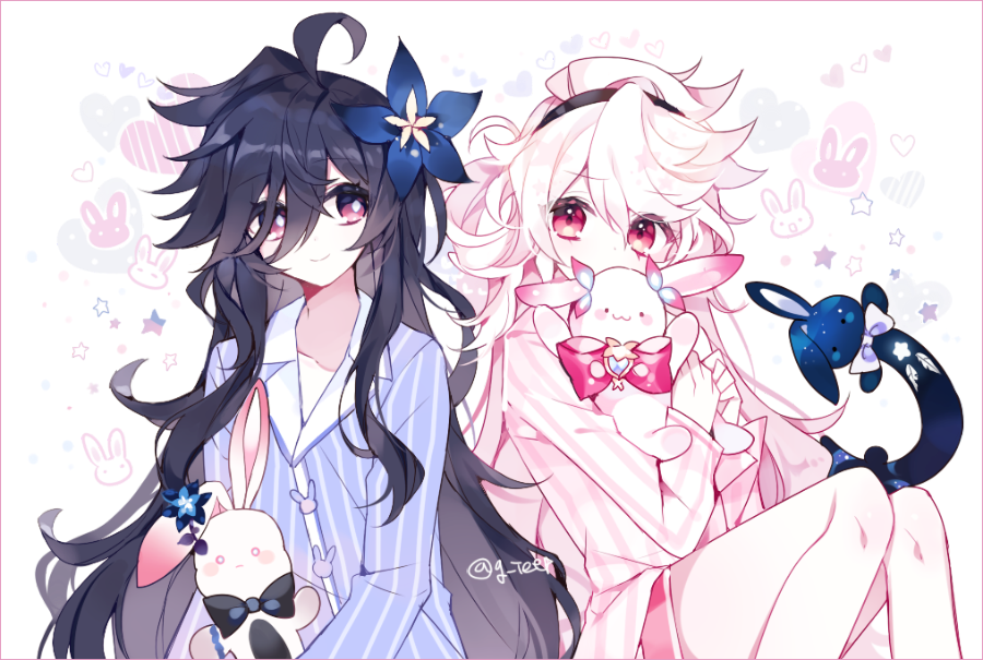 2girls, bangs, black_bow, black_hair, blue_pajamas, blue_shirt, blush, bow