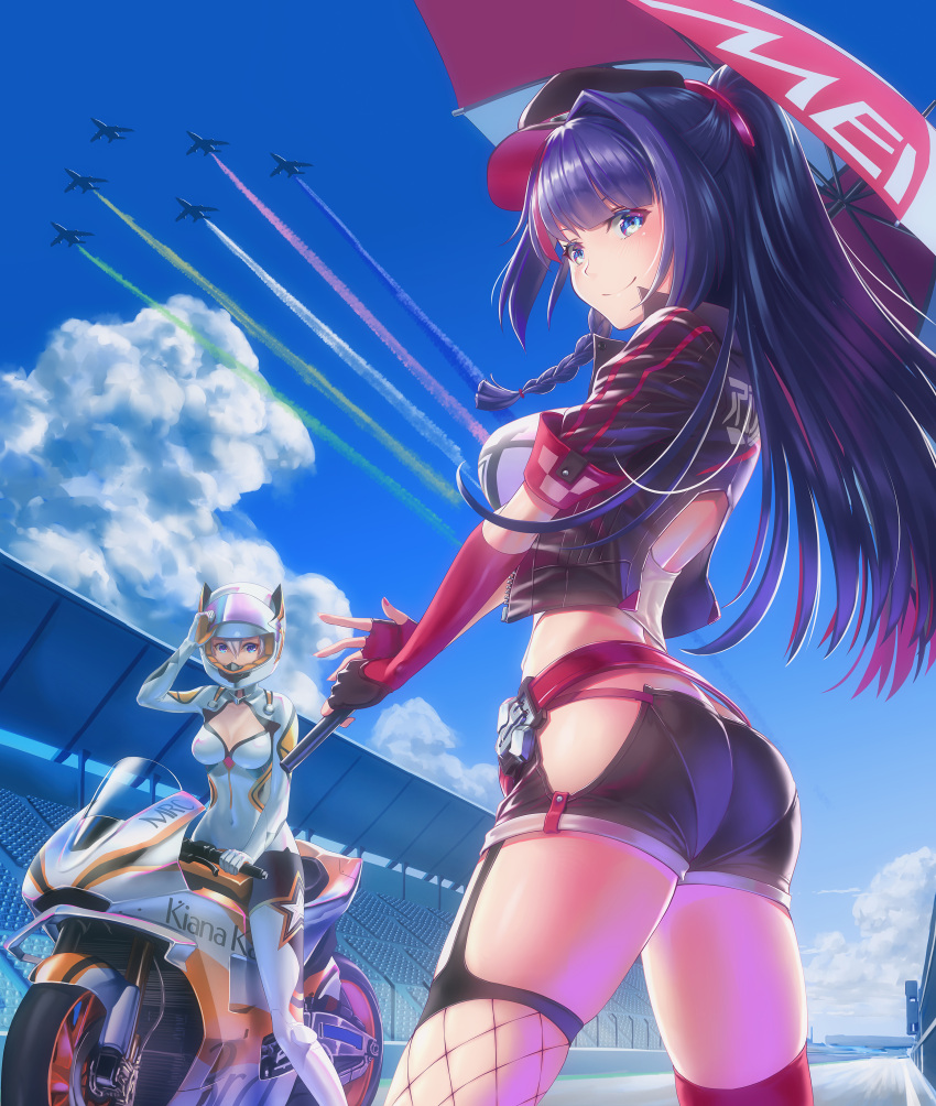 2girls, absurdres, aircraft, airplane, ass, asymmetrical_legwear, bangs, battlesuit