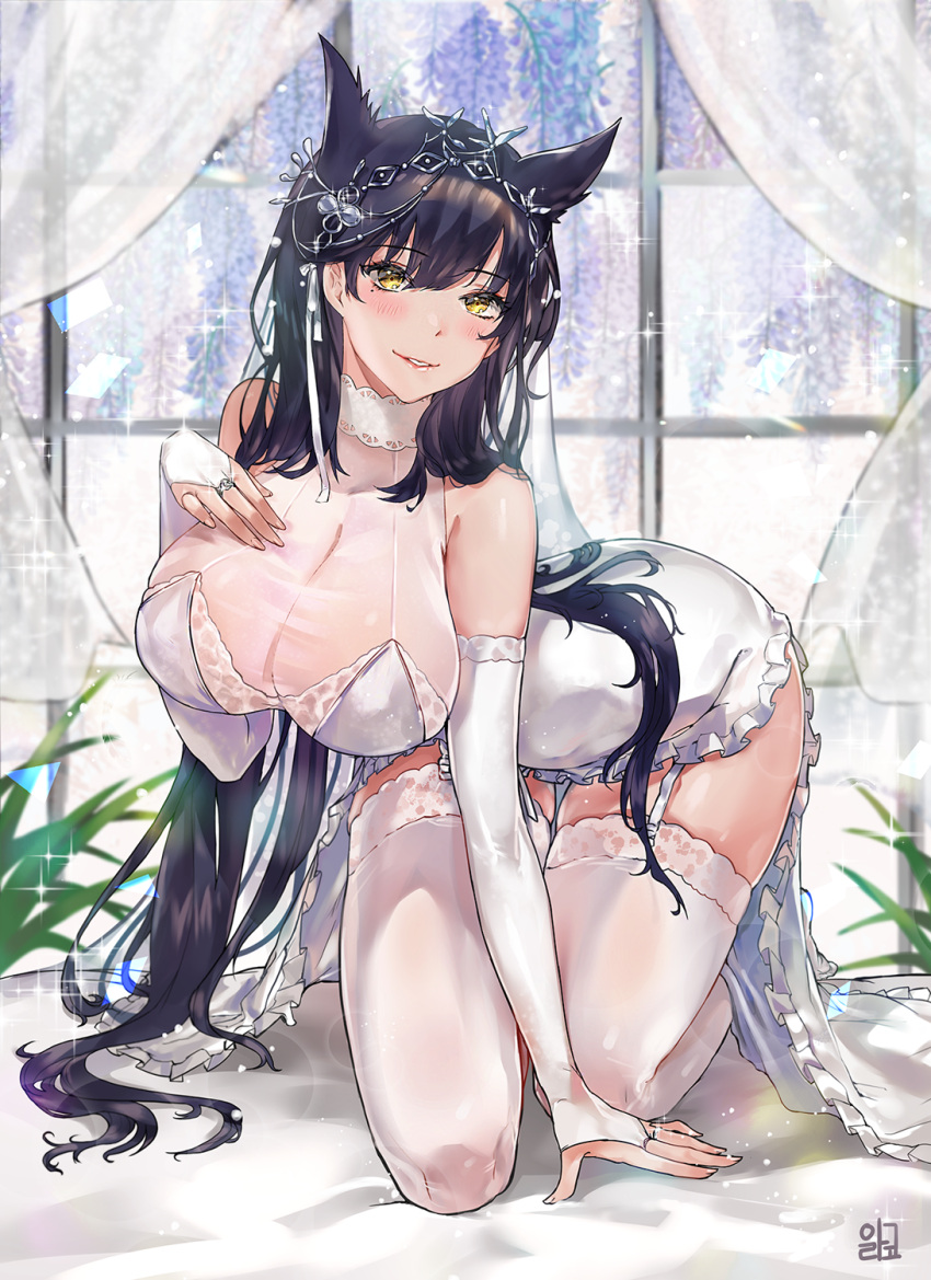 1girl, all_fours, alraco, animal_ears, atago_(azur_lane), atago_(white_promise)_(azur_lane), azur_lane, bangs