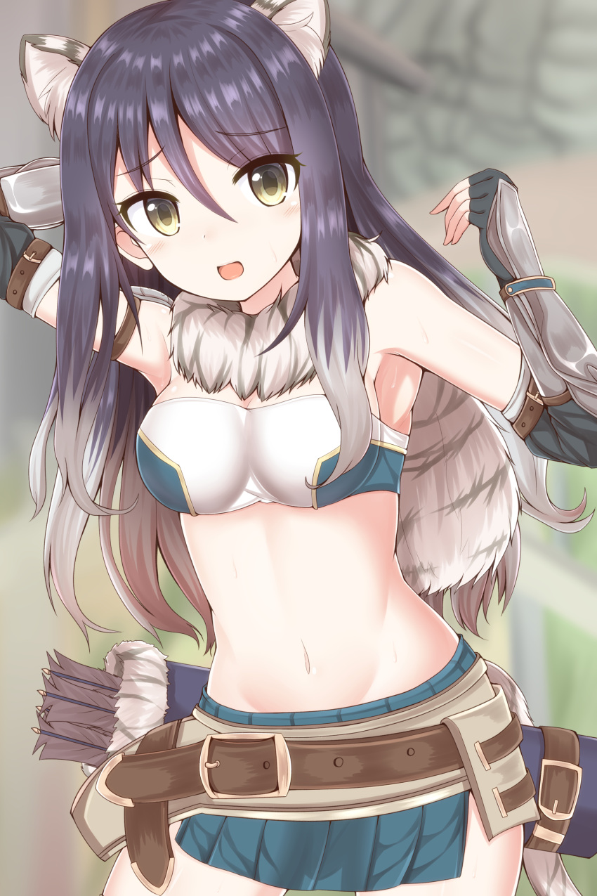 1girl, :o, absurdres, animal_ear_fluff, animal_ears, arm_up, armpits, arrow