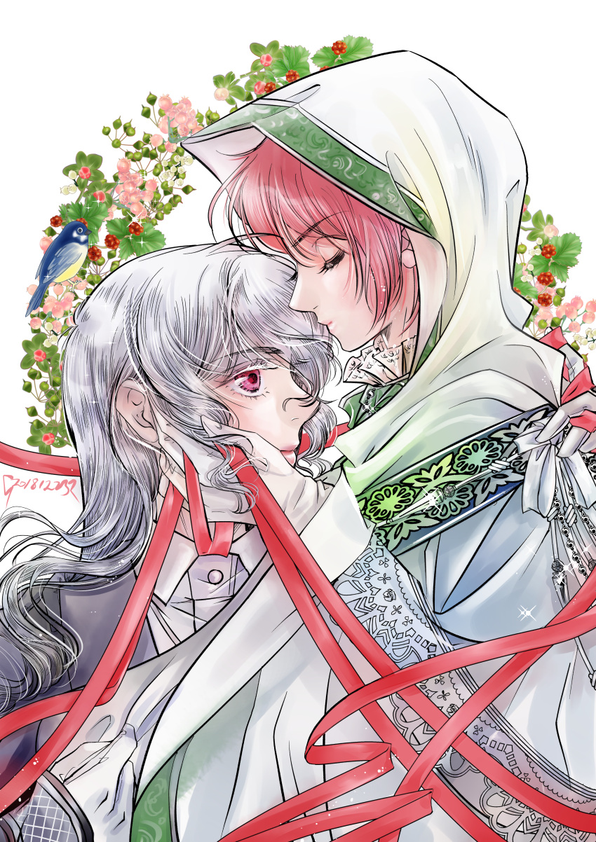 1girl, absurdres, androgynous, bird, closed_eyes, dated, ellias_ainsworth, facing_another, formal, frills, gloves, hand_on_another's_cheek, hand_on_another's_face, hatori_chise, highres, huge_filesize, long_hair, mahou_tsukai_no_yome, pink_hair, red_ribbon, ribbon, short_hair, silver_hair, sparkle, suit, upper_body, white_background, white_gloves, white_hood, wistaria99, wreath