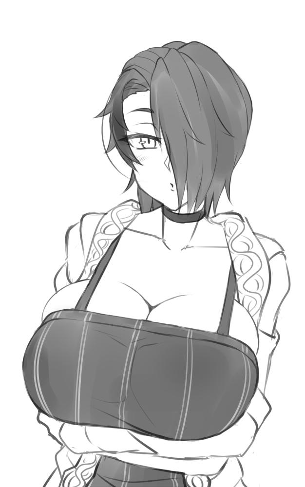1girl, arms_under_breasts, breasts, choker, cleavage, collarbone, commentary, english_commentary