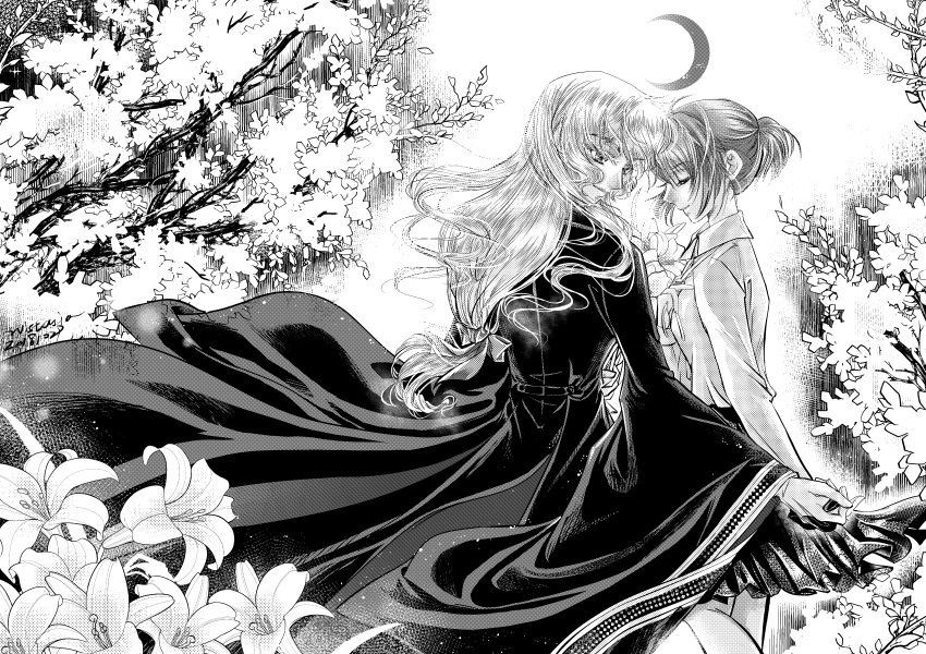 1boy, 1girl, absurdres, crescent, dated, ellias_ainsworth, flower, greyscale