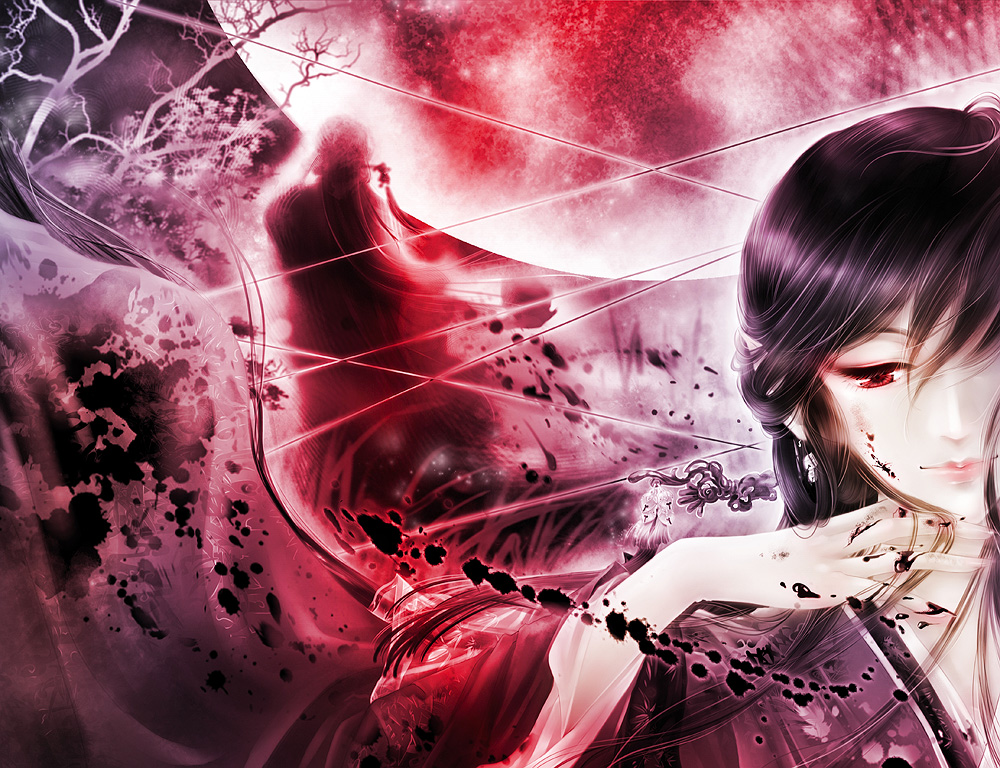 1boy, 1girl, black_hair, earrings, facing_viewer, hand_up, jewelry, moon