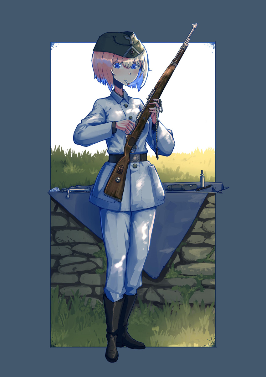 1girl, absurdres, belt, blonde_hair, blue_eyes, bolt_action, boots, cigarette