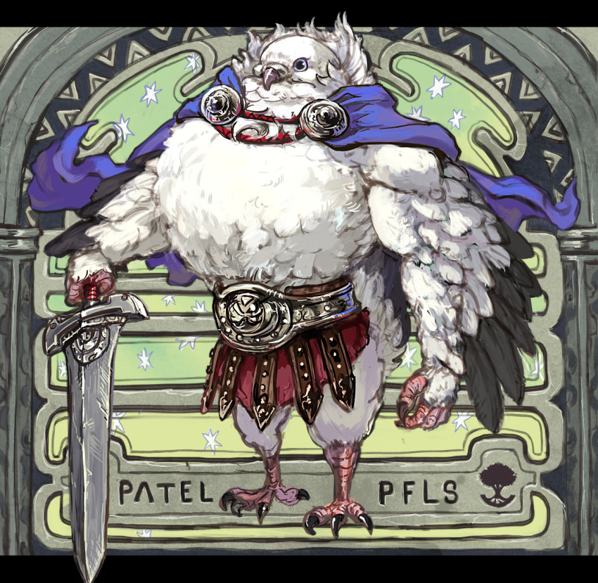 1boy, belt, bird_man, blue_cape, blue_eyes, cape, character_name, copyright_name