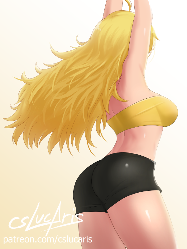 1girl, arms_up, artist_name, ass, back, bare_shoulders, bike_shorts, black_shorts