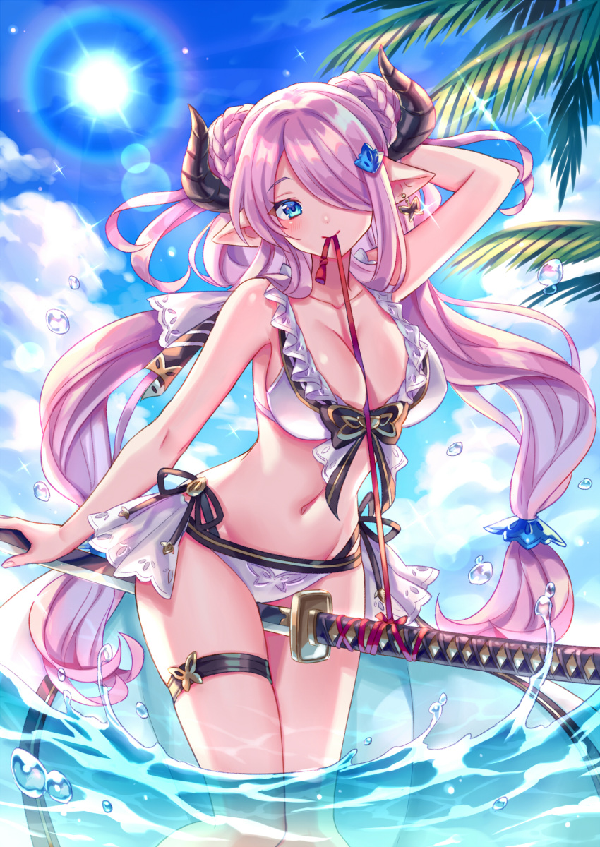 1girl, arm_up, bangs, between_thighs, bikini, blue_eyes, blue_sky, blush