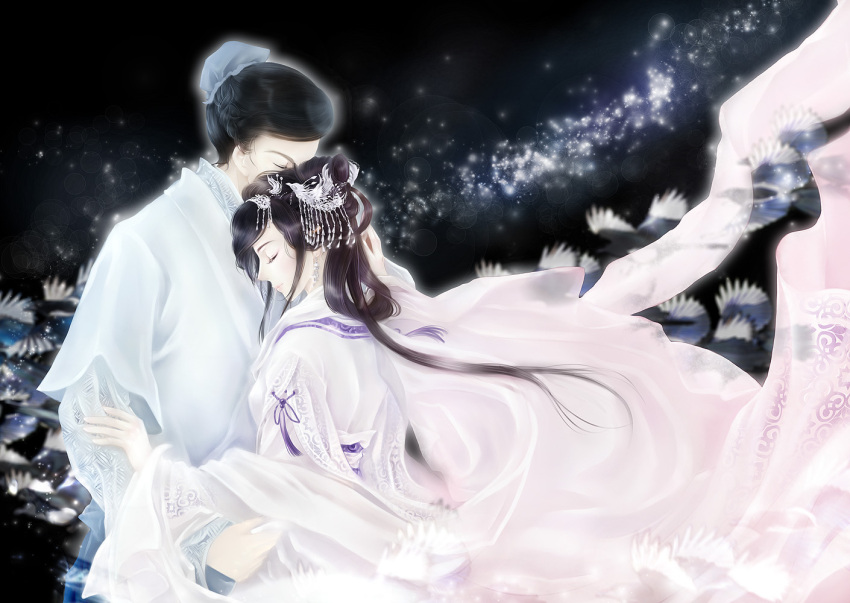 1boy, 1girl, black_background, black_hair, braid, brown_hair, closed_eyes, hair_ornament