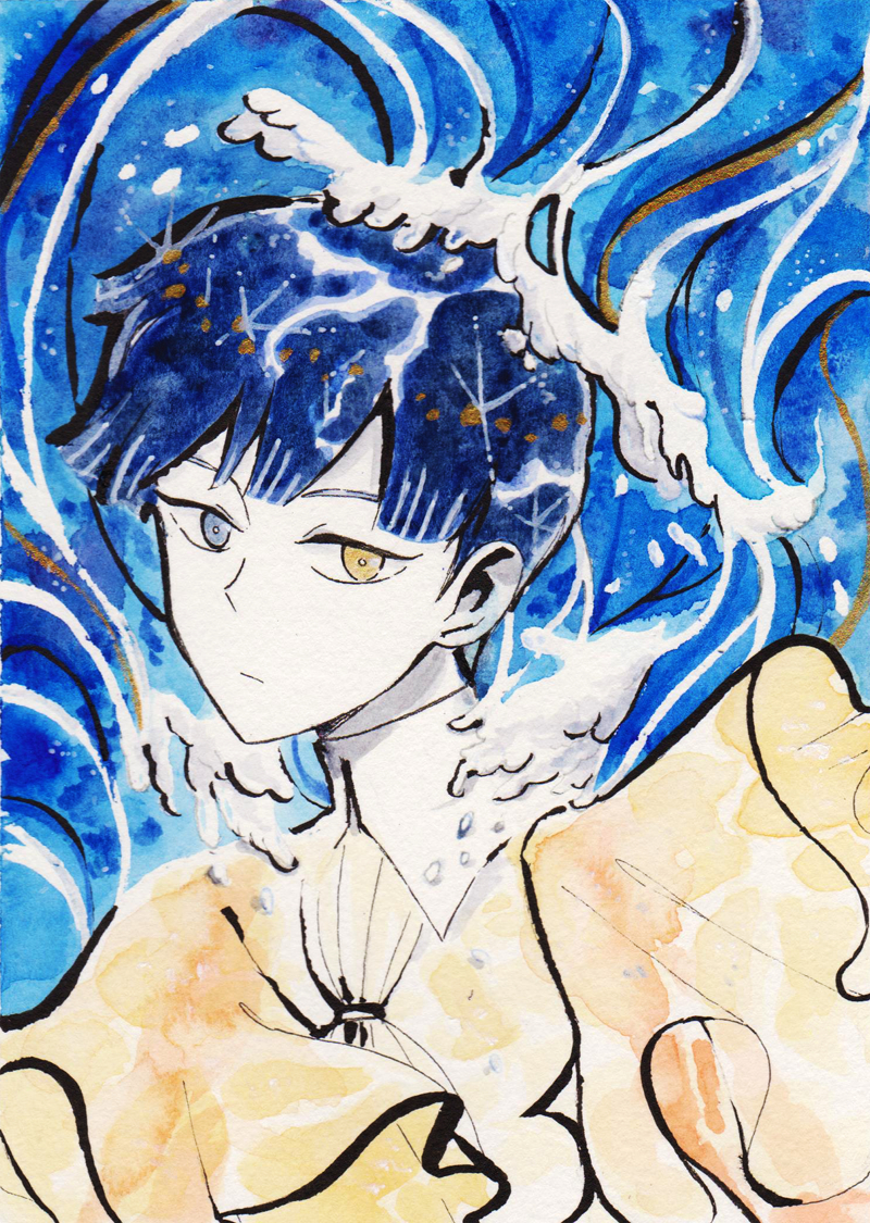1other, androgynous, ange_(angeban93), bangs, blue_eyes, blue_hair, blunt_bangs, expressionless, heterochromia, houseki_no_kuni, looking_at_viewer, necktie, phosphophyllite, phosphophyllite_(ll), short_hair, solo, spoilers, upper_body, water, waves, white_skin, wide_sleeves, yellow_eyes