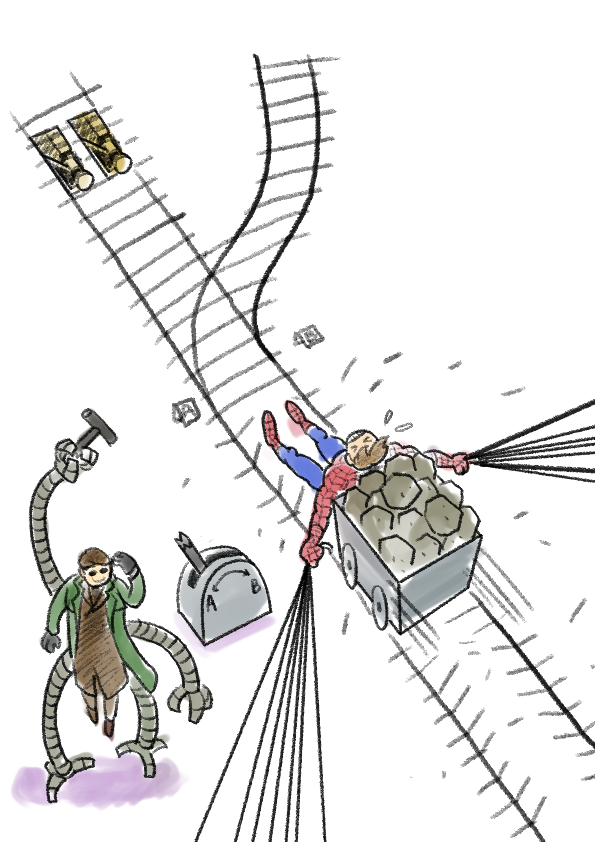 >_<, 2boys, broken, brown_hair, coal, doctor_octopus, explosive, green_coat