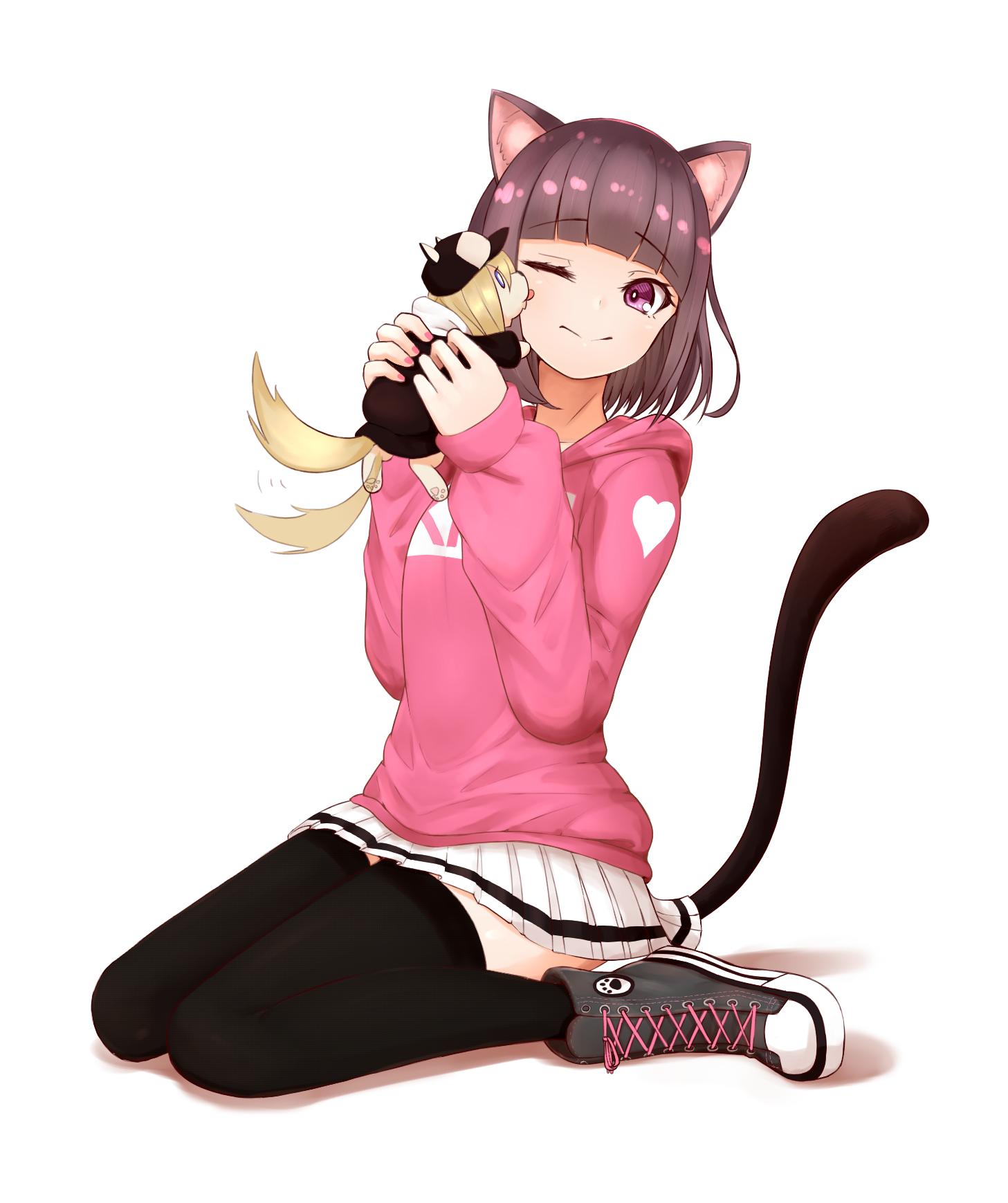 ;), animal_ears, animalization, black_legwear, brown_hair, cat_ears, cat_tail, commentary_request
