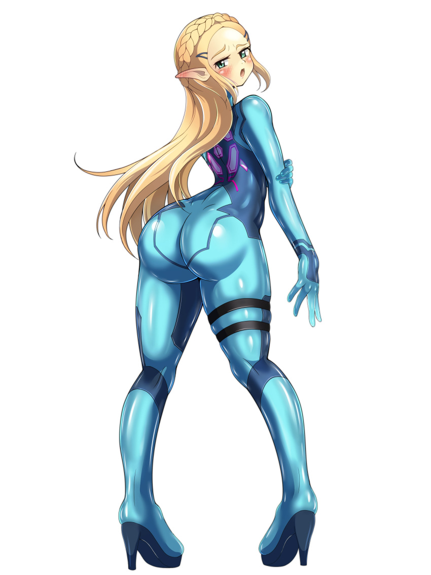 1girl, absurdres, ass, blonde_hair, blue_bodysuit, blush, bodysuit, cosplay, dress, earrings, embarrassed, full_body, gown, green_eyes, highres, huge_ass, impossible_bodysuit, impossible_clothes, jewelry, metroid, nintendo, pointy_ears, princess_zelda, samus_aran, samus_aran_(cosplay), shiny, shiny_clothes, shoukin500, skin_tight, the_legend_of_zelda, the_legend_of_zelda:_breath_of_the_wild, thick_eyebrows, varia_suit, zero_suit