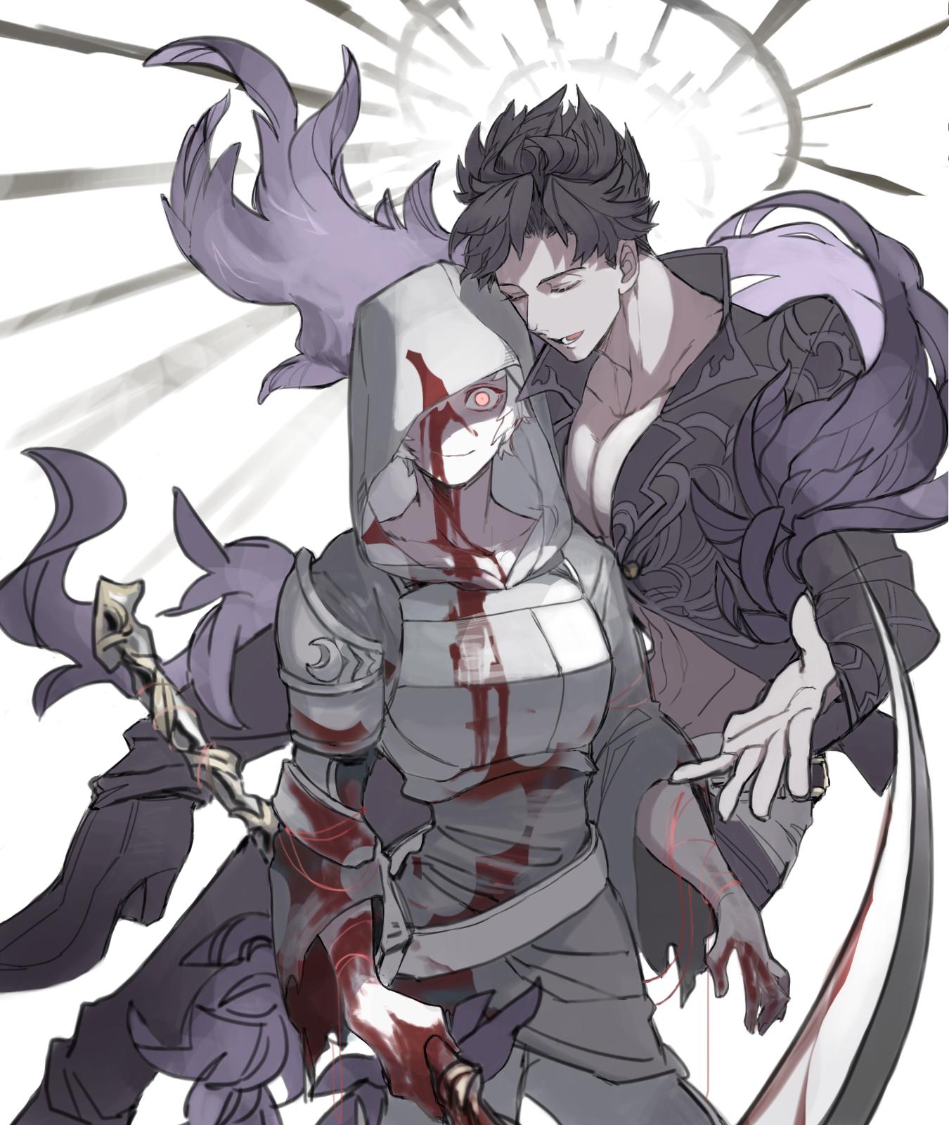 2boys, armor, belial_(granblue_fantasy), black_hair, black_shirt, blood, feather_boa, gauntlets, gran_(granblue_fantasy), granblue_fantasy, highres, hood, hood_up, hoodie, male_focus, multiple_boys, panyasan_777, pectorals, red_eyes, shirt, short_hair, smile, white_hair