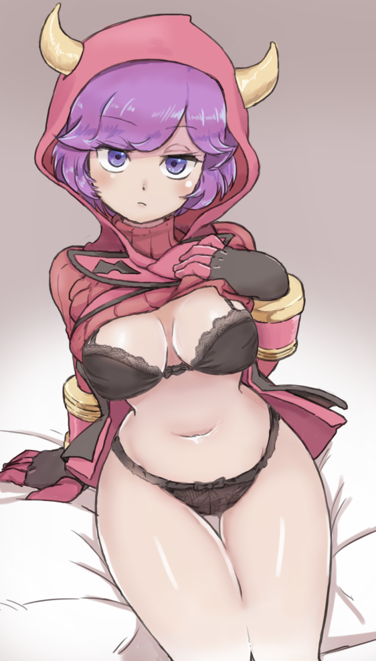 1girl, black_bra, black_panties, bra, breasts, cleavage, creatures_(company), cue_(seihattou), eyebrows_visible_through_hair, fake_horns, game_freak, half-closed_eyes, highres, hood, kagari_(pokemon), lifted_by_self, looking_at_viewer, medium_breasts, navel, nintendo, panties, pokemon, pokemon_(game), pokemon_oras, purple_hair, ribbed_sweater, shirt_lift, short_hair, solo, sweater, team_magma, underwear, violet_eyes