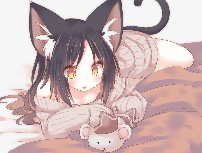 1girl, :3, animal_ear_fluff, animal_ears, bare_shoulders, bed_sheet, black_hair, blush