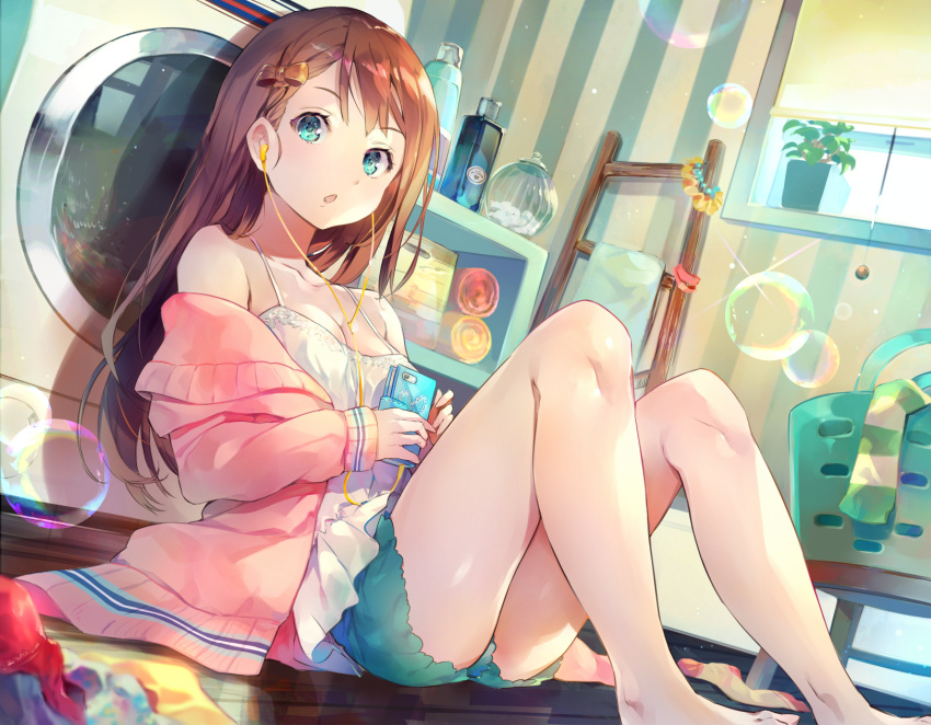 1girl, :o, aqua_eyes, bag, bangs, bare_legs, bare_shoulders, barefoot