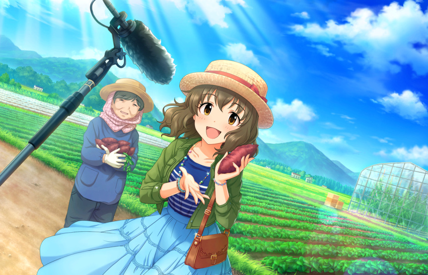 blush, brown-eyes, brown_hair, dress, hat, idolmaster, idolmaster_cinderella_girls, idolmaster_cinderella_girls_stalright_stage, namiki_meiko, short_hair, sky, smile