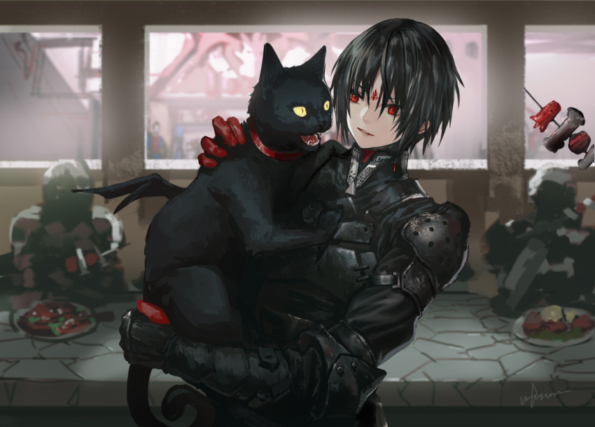 androgynous, black_armor, black_cat, black_hair, blurry, blurry_background, cat, city_guard_(infukun)