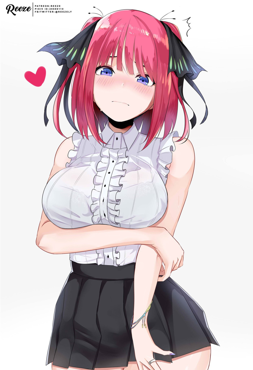 1girl, bangs, black_skirt, blue_eyes, blunt_bangs, blush, bra, bracelet, breasts, casual, closed_mouth, frills, go-toubun_no_hanayome, hair_ornament, hair_ribbon, heart, highres, jewelry, lace, lace_bra, large_breasts, looking_at_viewer, nail_polish, nakano_nino, pink_hair, pleated_skirt, purple_nails, reeze_(reezely), ribbon, ring, see-through, shirt, short_hair, skirt, sleeveless, sleeveless_shirt, sweatdrop, underwear, white_shirt