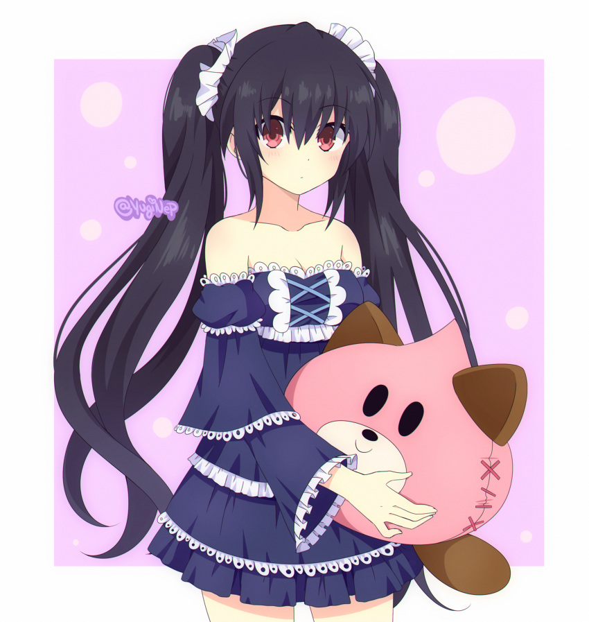 1girl, absurdres, bare_shoulders, black_hair, breasts, caro-xy, cleavage, dogoo