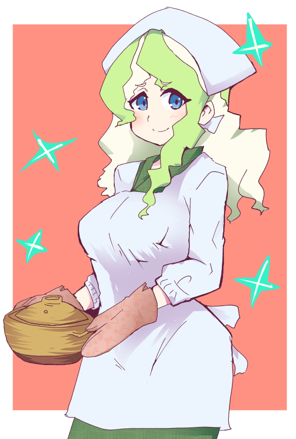 1girl, blue_eyes, blush, border, breasts, chef_uniform, cowboy_shot, diana_cavendish