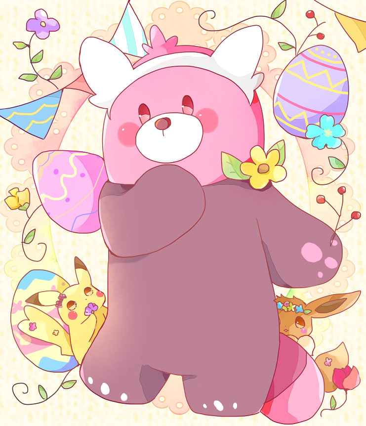 3others, bear, bewear, blue_flower, blush_stickers, brown_background, commentary, creatures_(company)