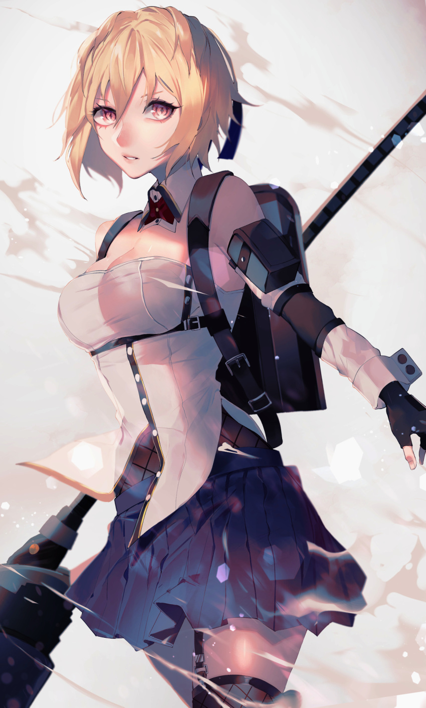1girl, bare_arms, bare_shoulders, black_gloves, blonde_hair, blue_skirt, breasts, claire_victorious
