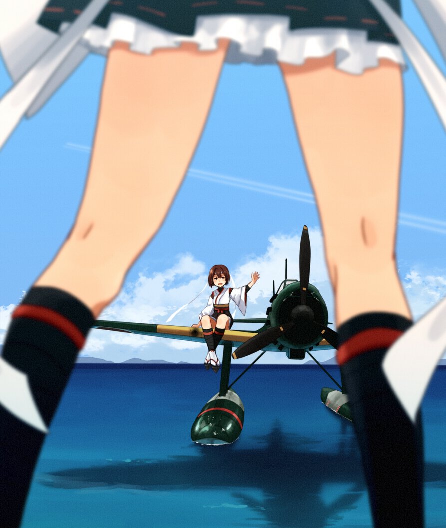2girls, aircraft, airplane, annin_musou, black_legwear, black_skirt, blue_sky, brown_eyes