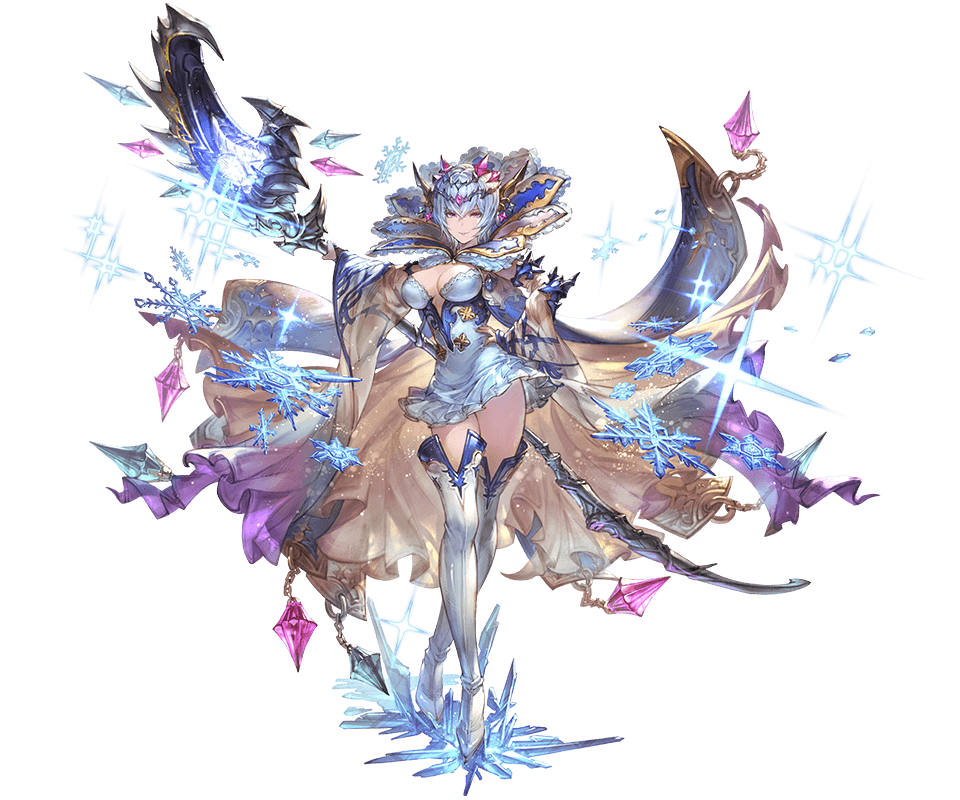 1girl, bangs, blue_hair, boots, breasts, cape, cleavage, closed_mouth, dress, full_body, granblue_fantasy, hair_ornament, hand_on_hip, holding, ice, long_sleeves, macula_marius, medium_breasts, minaba_hideo, official_art, pale_skin, short_dress, short_hair, snowflakes, staff, standing, thigh-highs, thigh_boots, transparent_background, violet_eyes, wide_sleeves, zettai_ryouiki