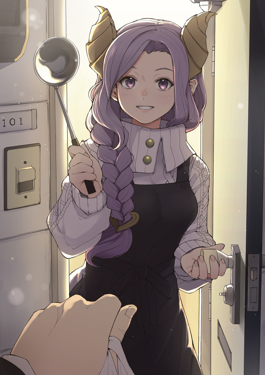 1girl, absurdres, apron, bag, bangs, black_apron, blush, breasts