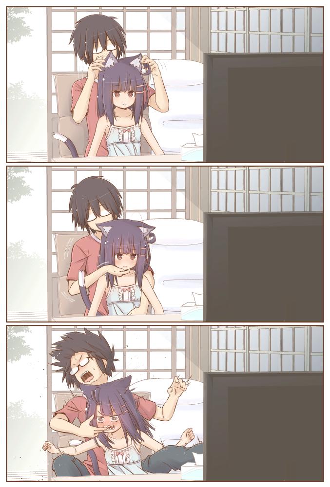 1boy, 1girl, 3koma, animal_ears, biting, blush, cat_ears, cat_girl