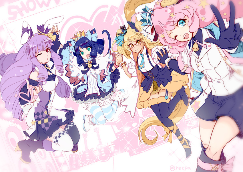 4girls, ahoge, alternate_costume, animal_ears, bangs, bell, blonde_hair, bloomers