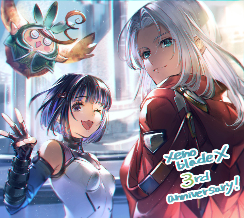 2girls, ;d, absurdres, anniversary, bare_shoulders, black_gloves, black_hair, blue_eyes