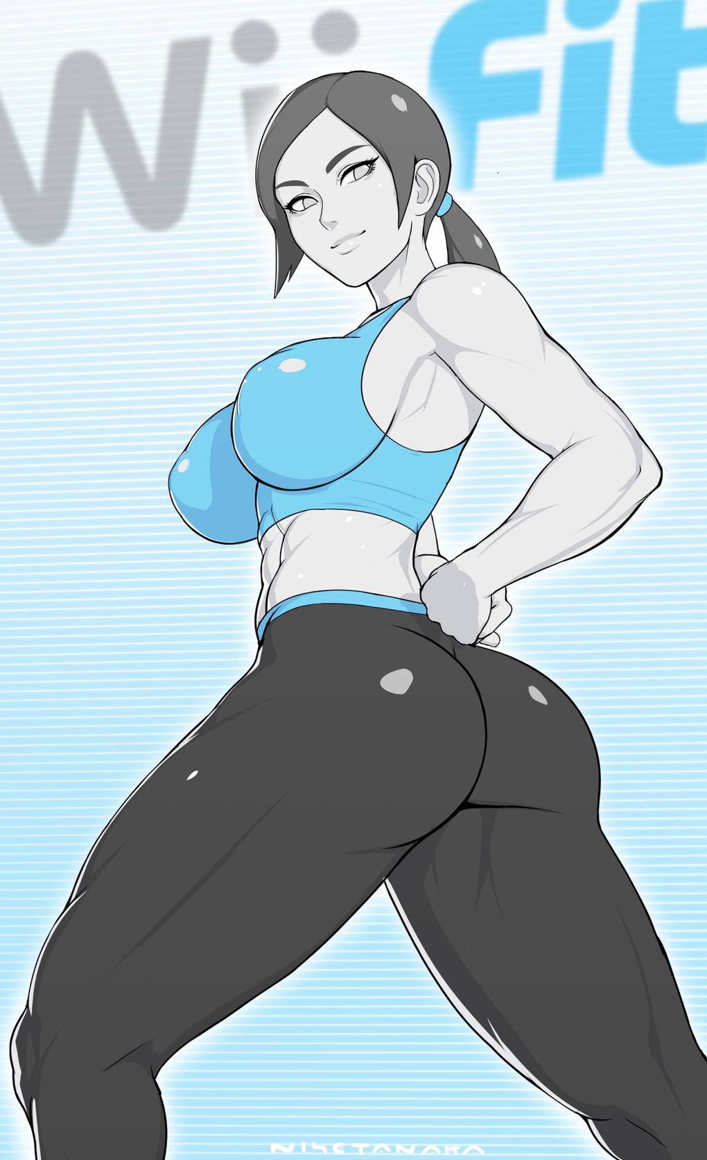 1girl, abs, arms_behind_back, artist_name, ass, bare_shoulders, black_hair, black_legwear, breasts, erect_nipples, grey_eyes, highres, large_breasts, leggings, legs, looking_back, midriff, muscle, muscular_female, nintendo, nisetanaka, pale_skin, ponytail, sideboob, smile, solo, sports_bra, thighs, toned, white_skin, wii_fit, wii_fit_trainer
