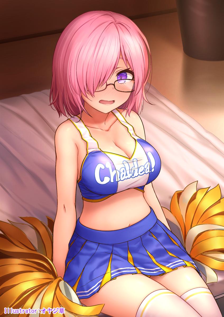 1girl, artist_name, bangs, bare_arms, bare_shoulders, bed, black-framed_eyewear, blue_skirt