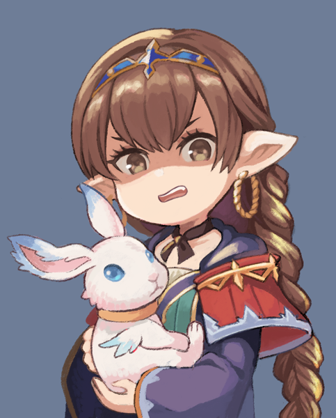 1girl, botamochi_(exwelder), braid, braided_ponytail, brown_eyes, brown_hair, disgust, earrings, granblue_fantasy, haaselila, hair_between_eyes, harvin, jewelry, looking_at_viewer, pointy_ears, rabbit, robe, shaded_face, tiara