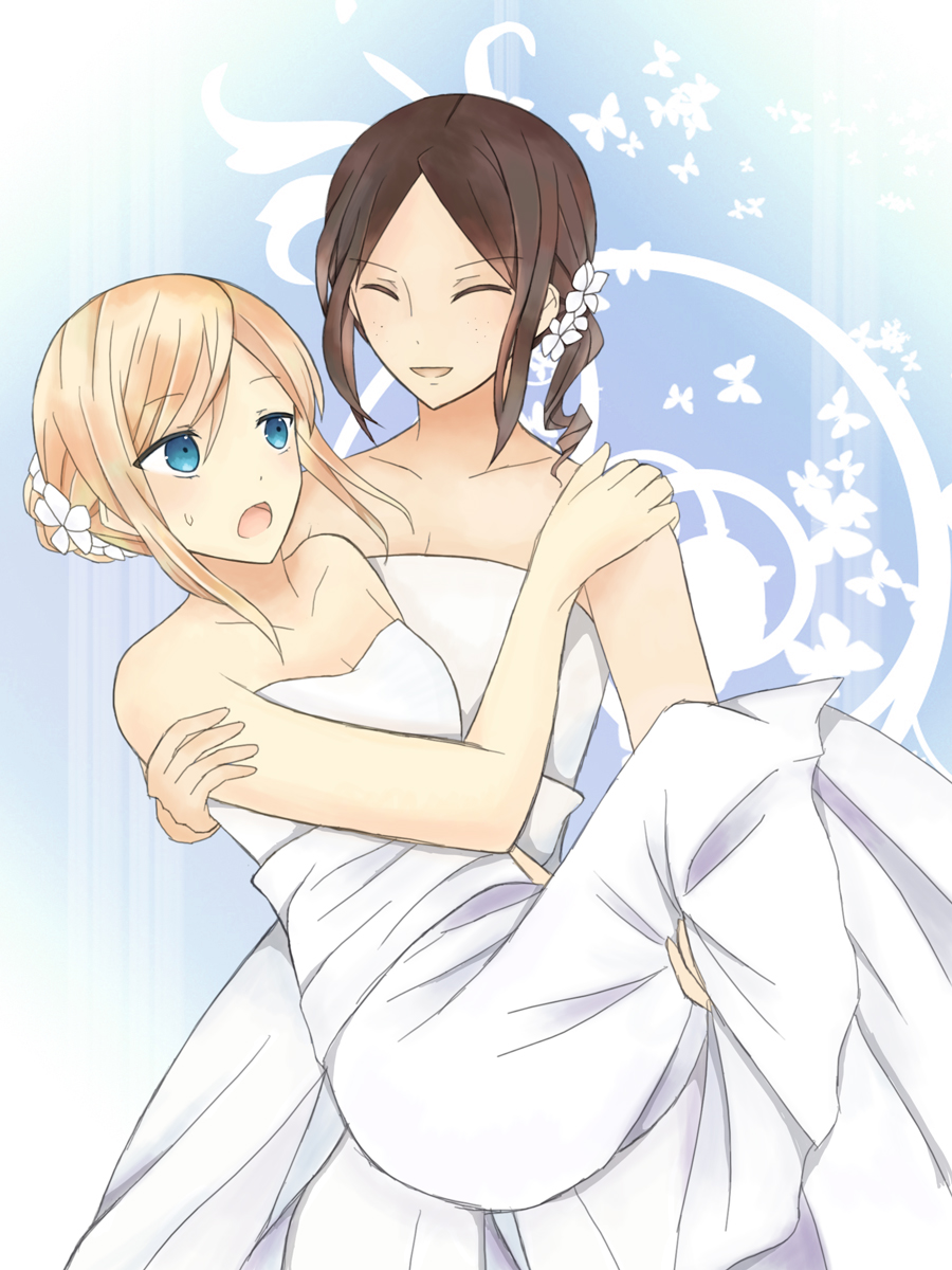 2girls, :d, :o, ^_^, alternate_costume, alternate_hairstyle, bangs, bare_arms, bare_shoulders, blonde_hair, blue_eyes, breasts, brown_hair, bug, butterfly, carrying, christa_renz, cleavage, closed_eyes, closed_eyes, collarbone, commentary_request, couple, dress, eyebrows_visible_through_hair, female, flower, freckles, hair_flower, hair_ornament, hair_up, hand_on_another's_shoulder, happy, highres, insect, kamekonamea, long_dress, looking_at_another, multiple_girls, neck, open_mouth, parted_bangs, princess_carry, shingeki_no_kyojin, short_hair, side_ponytail, small_breasts, smile, standing, strapless, strapless_dress, sweat, wedding_dress, white_dress, white_flower, wife_and_wife, ymir_(shingeki_no_kyojin), yuri