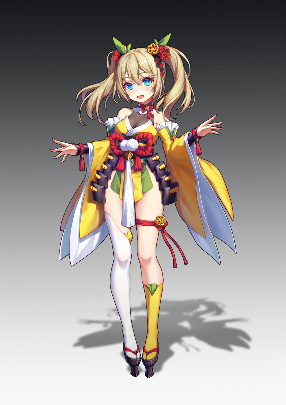 1girl, asymmetrical_legwear, blue_eyes, breasts, brown_hair, cleavage, detached_sleeves, eyeliner, faulds, flower, full_body, geta, gradient, gradient_background, hair_flower, hair_ornament, highres, japanese_clothes, kimono, latioss, long_hair, makeup, medium_breasts, mole, mole_under_eye, obi, original, pelvic_curtain, ribbon, sash, short_kimono, simple_background, single_thighhigh, smile, solo, standing, thigh-highs, thigh_ribbon, twintails, white_legwear, wide_sleeves, yellow_legwear