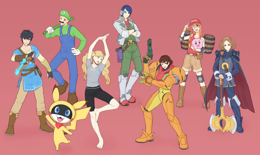 3boys, 4girls, absurdres, amamiya_ren, atlus, axe, barrel, baseball_cap