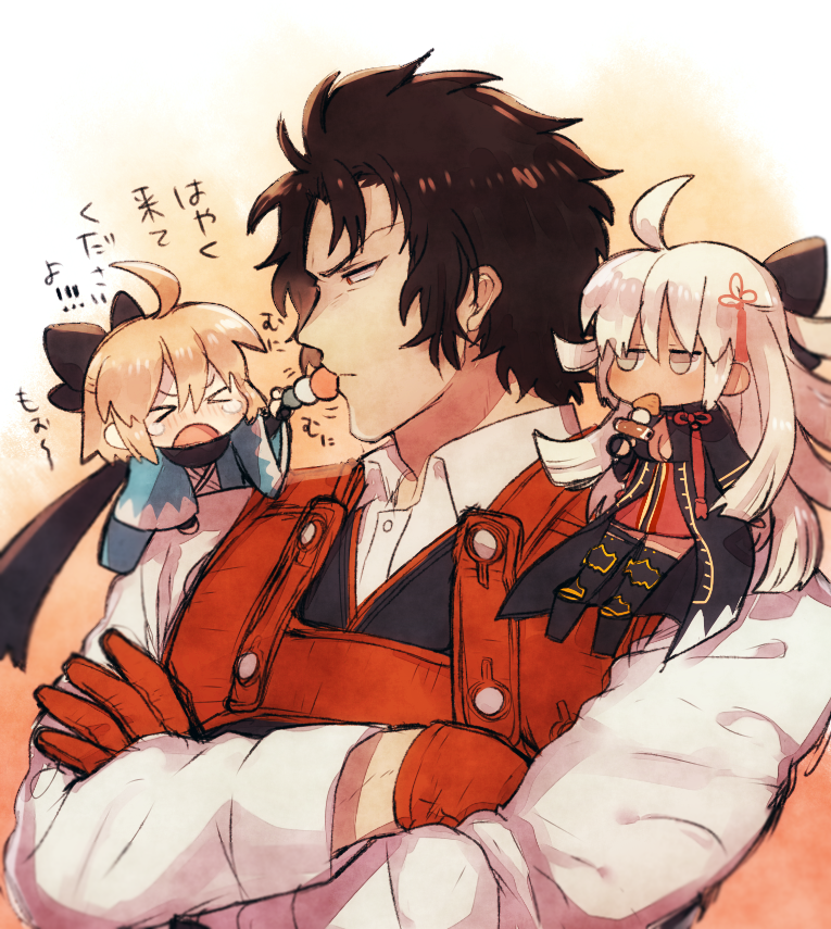 >_<, ahoge, black_hair, chibi, crossed_arms, dango, eating, fate/grand_order