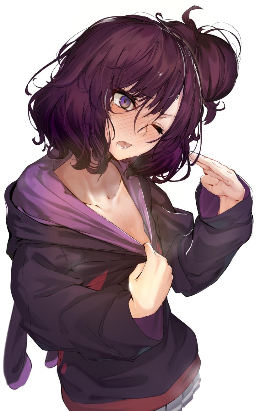 1girl, akieda, blush, collarbone, fanning_self, fate/grand_order, fate_(series), hair_bun